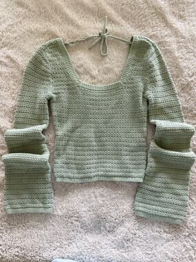 Hollister Sage Green Crochet Knit Crop Top Square Neck Bell Sleeve Small
